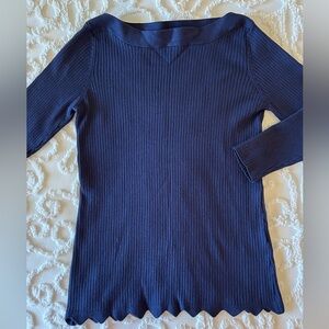 Evolution boat neck, 3/4 sleeve, ribbed scalloped hem sweater, NWOT, size M